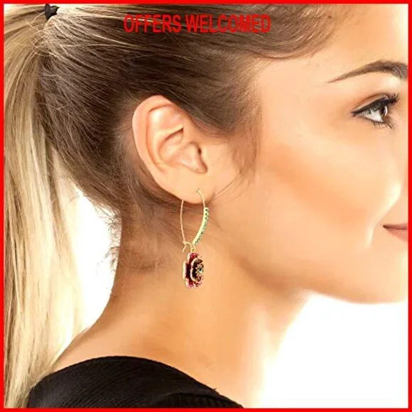 Gold-Tone Floral Drop Earrings with Crystals, Lightweight Hypoallergenic - Picture 2 of 4